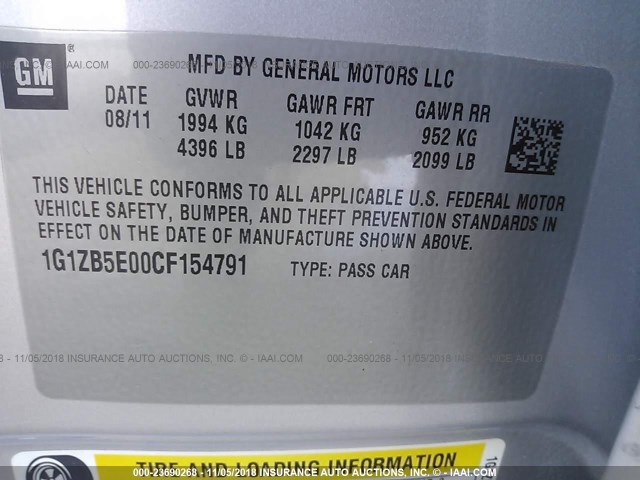 1G1ZB5E00CF154791 - 2012 CHEVROLET MALIBU LS SILVER photo 9