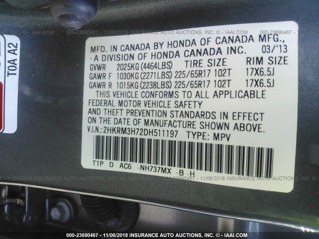 2HKRM3H72DH511197 - 2013 HONDA CR-V EXL GRAY photo 9