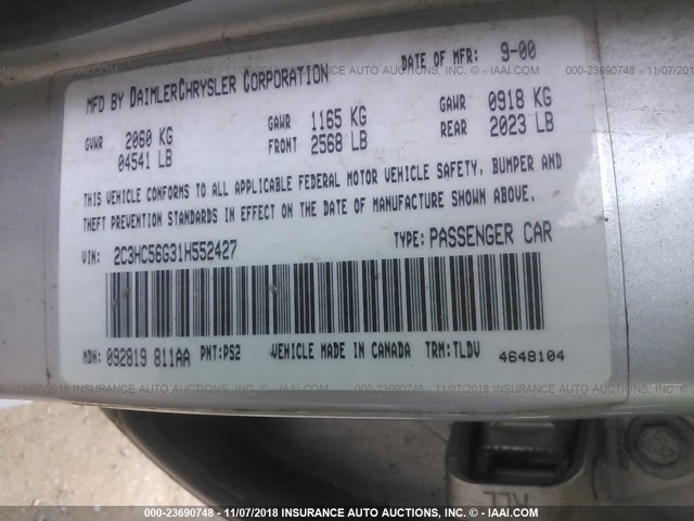 2C3HC56G31H552427 - 2001 CHRYSLER LHS SILVER photo 9