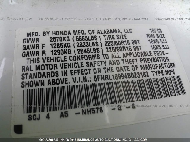 5FNRL18994B023162 - 2004 HONDA ODYSSEY EXL WHITE photo 9