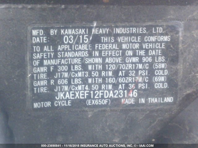 JKAEXEF12FDA23146 - 2015 KAWASAKI EX650 F BLACK photo 10
