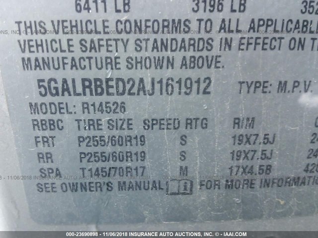 5GALRBED2AJ161912 - 2010 BUICK ENCLAVE CXL TAN photo 9