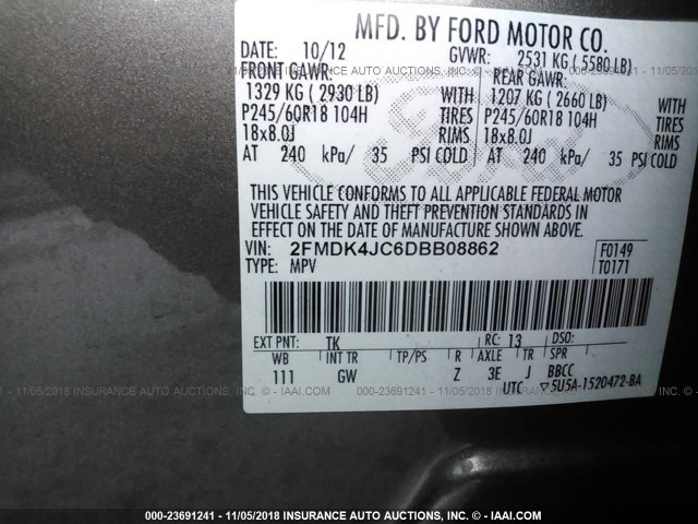 2FMDK4JC6DBB08862 - 2013 FORD EDGE SEL GRAY photo 9