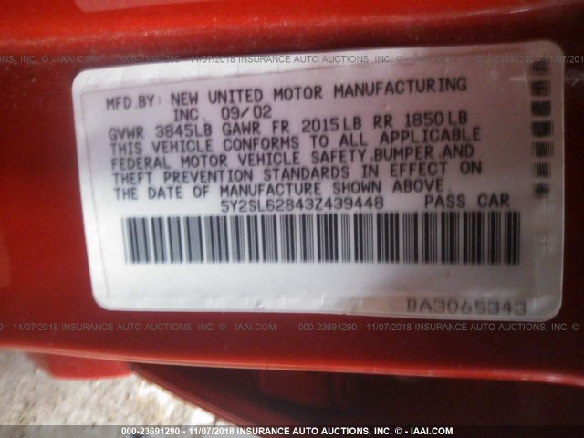 5Y2SL62843Z439448 - 2003 PONTIAC VIBE RED photo 9