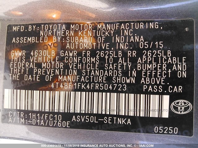 4T4BF1FK4FR504723 - 2015 TOYOTA CAMRY LE/XLE/SE/XSE GRAY photo 9
