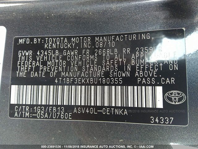 4T1BF3EKXBU180355 - 2011 TOYOTA CAMRY SE/LE/XLE GRAY photo 9