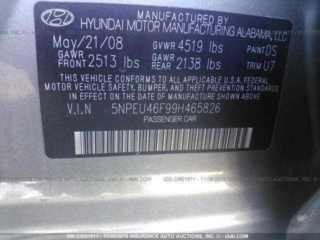 5NPEU46F99H465826 - 2009 HYUNDAI SONATA SE/LIMITED GRAY photo 9