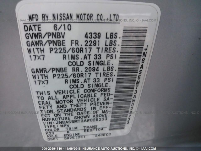 JN8AS5MT3AW028233 - 2010 NISSAN ROGUE S/SL/KROM SILVER photo 9