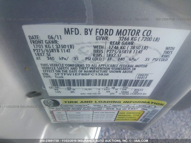 1FTFW1EF8BFC13838 - 2011 FORD F150 SUPERCREW SILVER photo 9