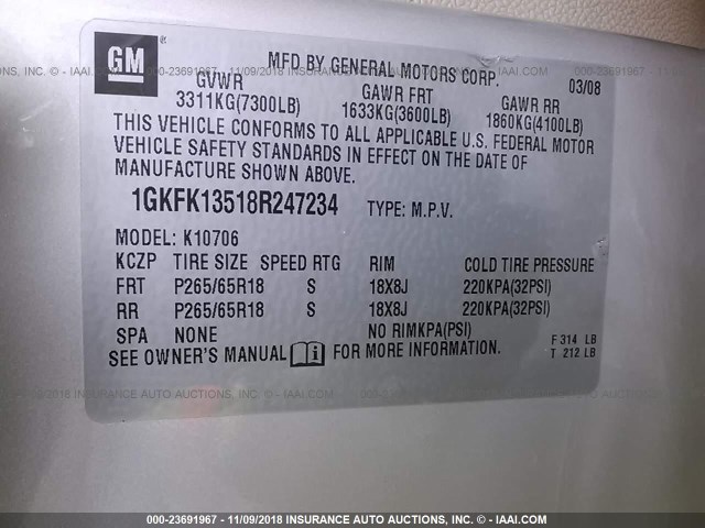 1GKFK13518R247234 - 2008 GMC YUKON HYBRID Pewter photo 9