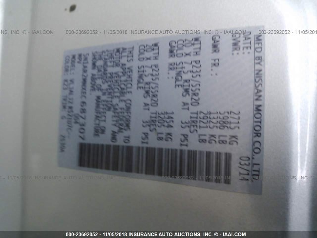 5N1AR2MNXEC687307 - 2014 NISSAN PATHFINDER S/SV/SL/PLATINUM SILVER photo 9