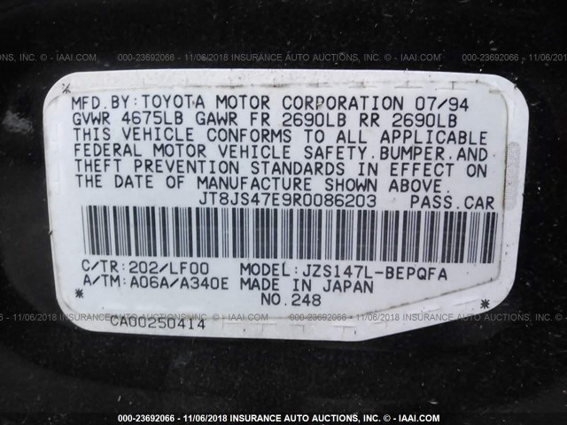 JT8JS47E9R0086203 - 1994 LEXUS GS 300 BLACK photo 9