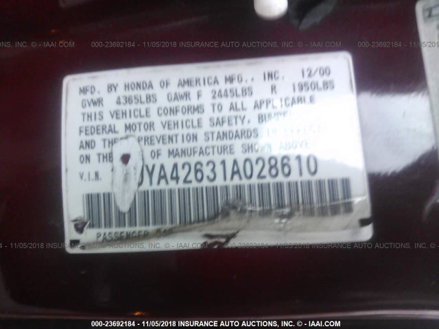 19UYA42631A028610 - 2001 ACURA 3.2CL TYPE-S RED photo 9