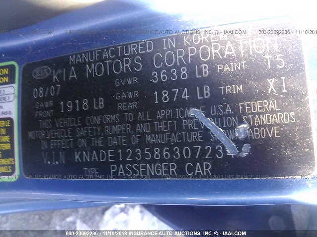 KNADE123586307234 - 2008 KIA RIO LX/SX BLUE photo 9