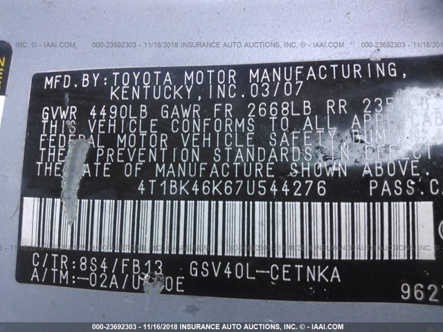 4T1BK46K67U544276 - 2007 TOYOTA CAMRY NEW GENERAT LE/XLE/SE BLUE photo 9