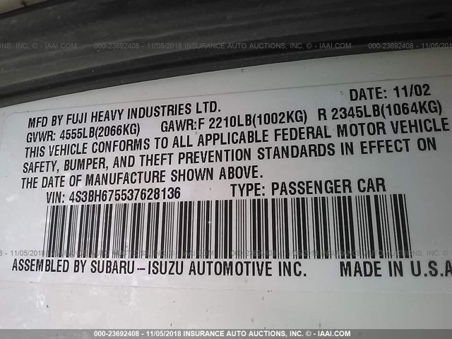 4S3BH675537628136 - 2003 SUBARU LEGACY OUTBACK AWP 白色 照片 9