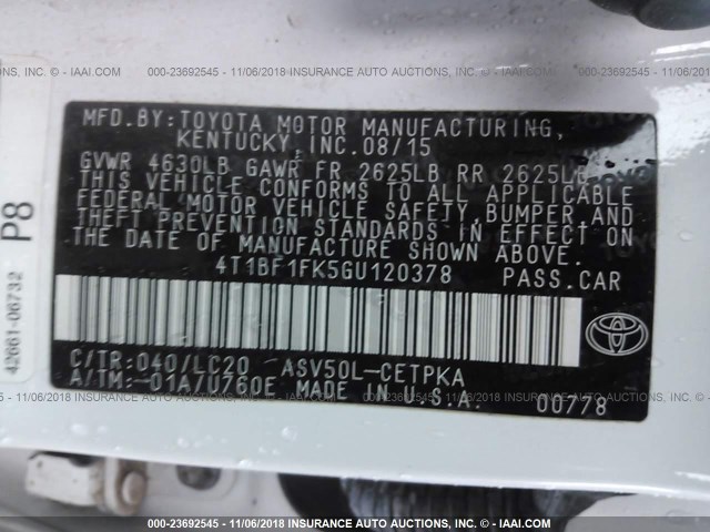 4T1BF1FK5GU120378 - 2016 TOYOTA CAMRY LE/XLE/SE/XSE WHITE photo 9