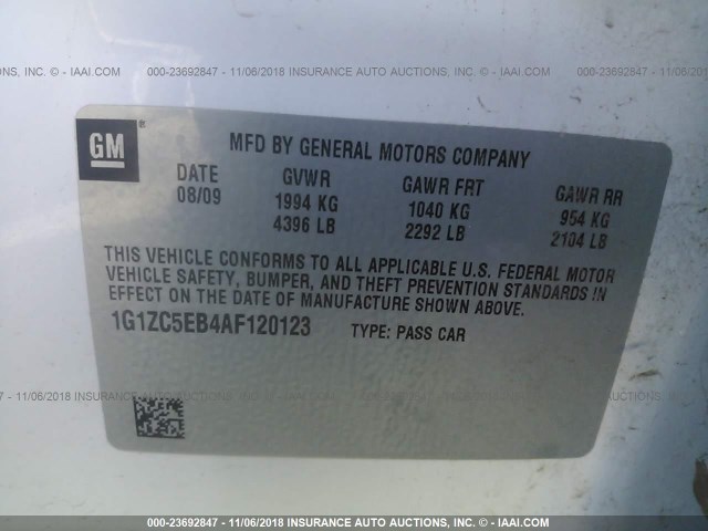 1G1ZC5EB4AF120123 - 2010 CHEVROLET MALIBU 1LT WHITE photo 9