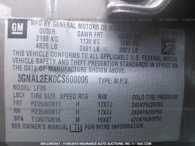 3GNAL2EK0CS600006 - 2012 CHEVROLET CAPTIVA SPORT/LS GRAY photo 9