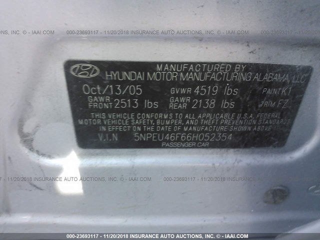 5NPEU46F66H052354 - 2006 HYUNDAI SONATA GLS/LX SILVER photo 9