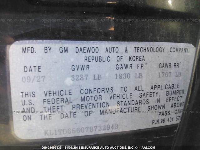 KL1TD66607B732943 - 2007 CHEVROLET AVEO LS BLACK photo 9