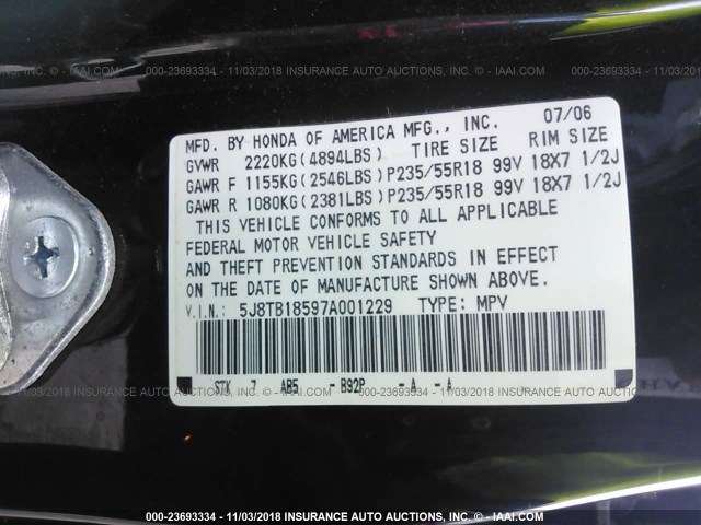 5J8TB18597A001229 - 2007 ACURA RDX TECHNOLOGY BLACK photo 9