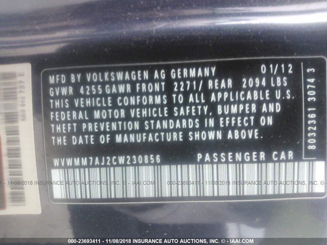 WVWMM7AJ2CW230856 - 2012 VOLKSWAGEN GOLF 蓝色 照片 9