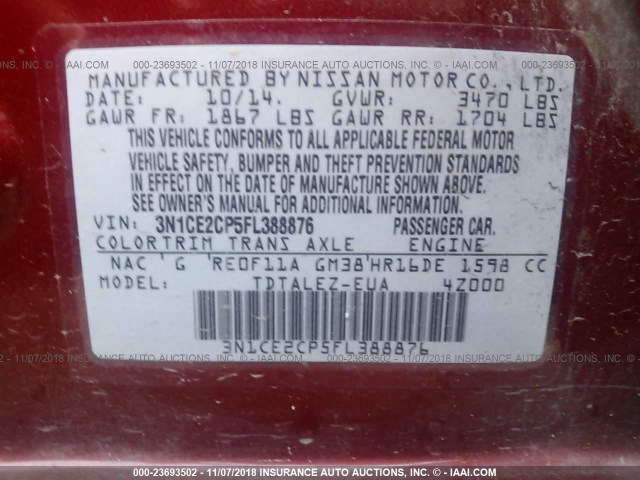 3N1CE2CP5FL388876 - 2015 NISSAN VERSA NOTE S/S PLUS/SV/SL/SR RED photo 9