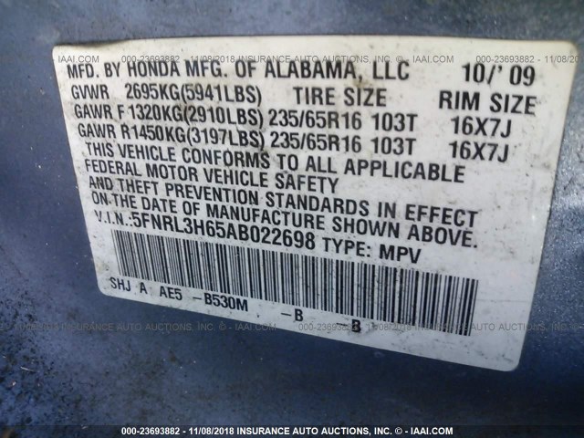 5FNRL3H65AB022698 - 2010 HONDA ODYSSEY EXL Light Blue photo 9