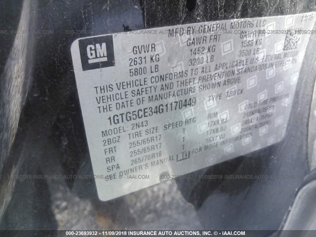 1GTG5CE34G1170449 - 2016 GMC CANYON SLE BLACK photo 9