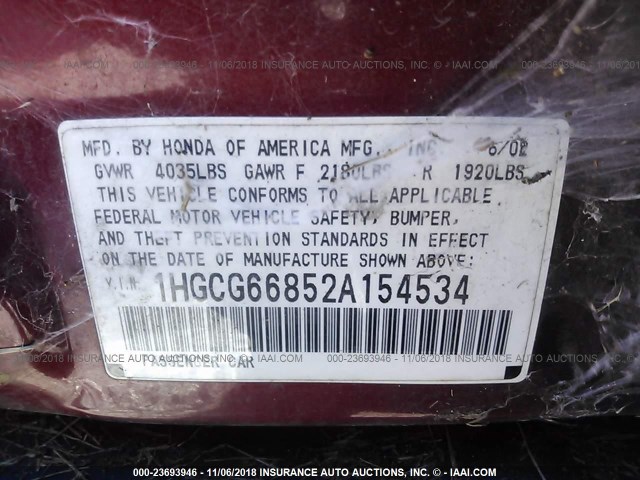 1HGCG66852A154534 - 2002 HONDA ACCORD EX/SE RED photo 9