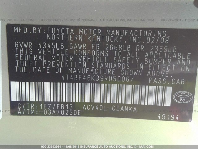 4T4BE46K39R050067 - 2009 TOYOTA CAMRY SE/LE/XLE SILVER photo 9