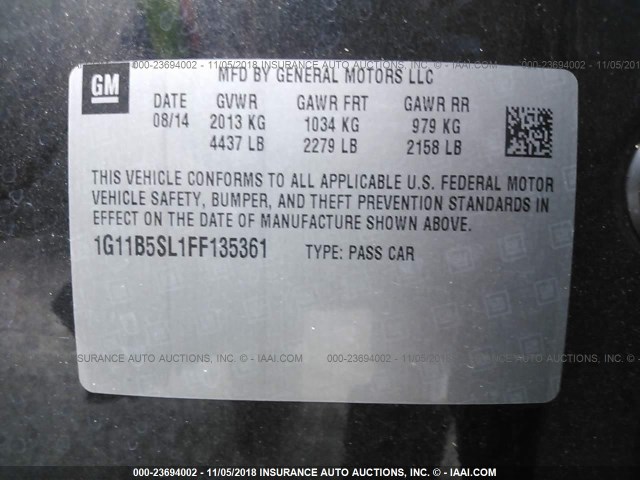 1G11B5SL1FF135361 - 2015 CHEVROLET MALIBU LS BLACK photo 9