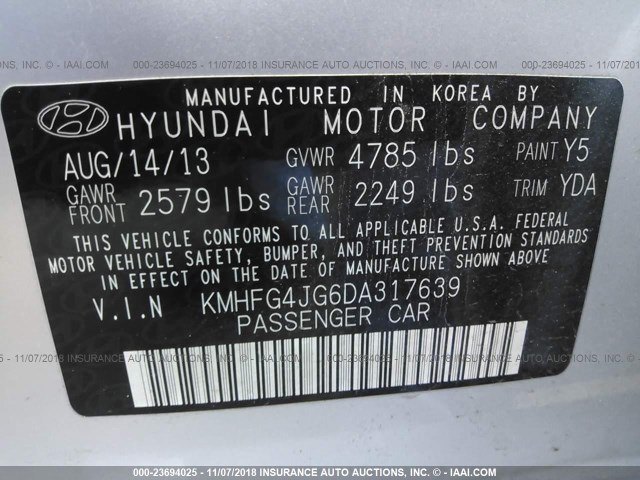 KMHFG4JG6DA317639 - 2013 HYUNDAI AZERA SILVER photo 9