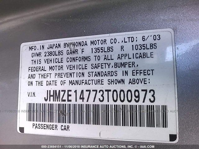 JHMZE14773T000973 - 2003 HONDA INSIGHT SILVER photo 9