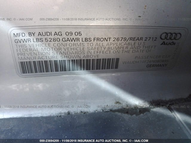 WAUDH74F26N080895 - 2006 AUDI A6 3.2 QUATTRO SILVER photo 9