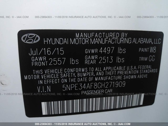 5NPE34AF8GH271909 - 2016 HYUNDAI SONATA SPORT/LIMITED WHITE photo 9