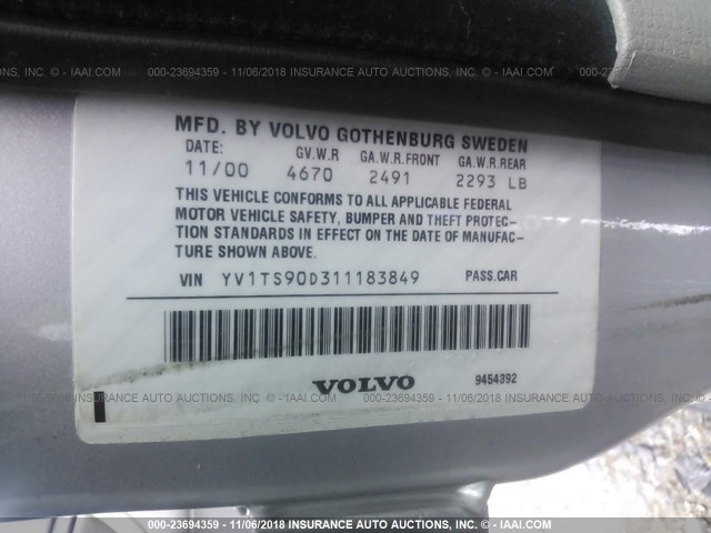 YV1TS90D311183849 - 2001 VOLVO S80 T6/EXECUTIVE SILVER photo 9
