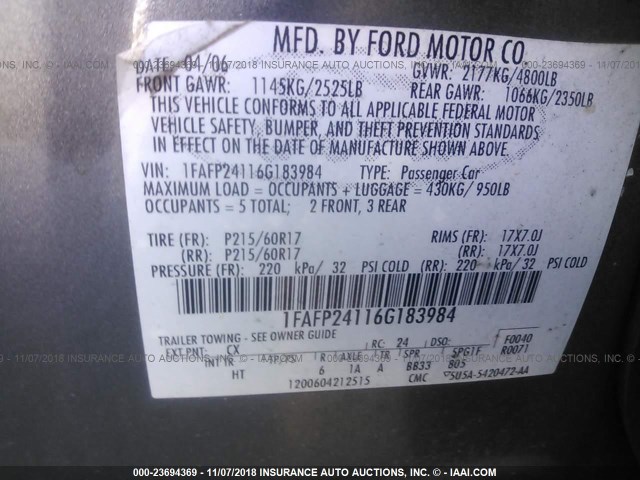 1FAFP24116G183984 - 2006 FORD FIVE HUNDRED SEL GRAY photo 9