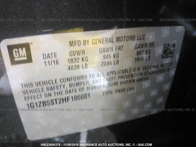 1G1ZB5ST2HF186681 - 2017 CHEVROLET MALIBU LS 灰色 照片 9