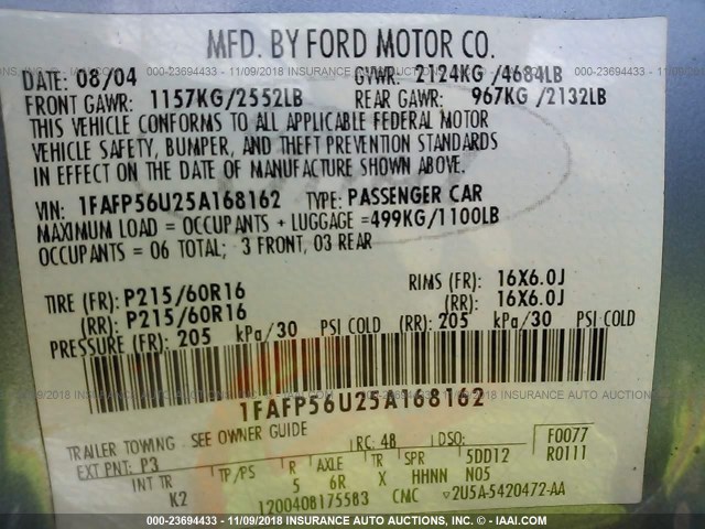 1FAFP56U25A168162 - 2005 FORD TAURUS SEL BLUE photo 9