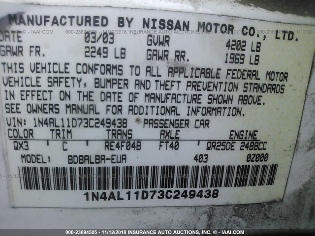 1N4AL11D73C249438 - 2003 NISSAN ALTIMA S/SL WHITE photo 9