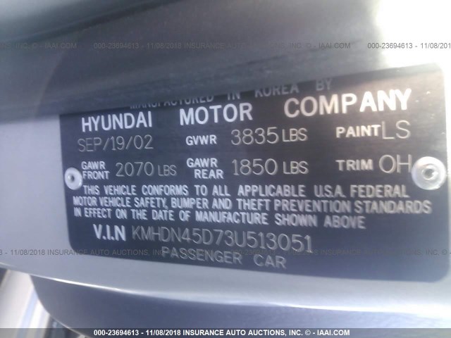 KMHDN45D73U513051 - 2003 HYUNDAI ELANTRA GLS/GT SILVER photo 9