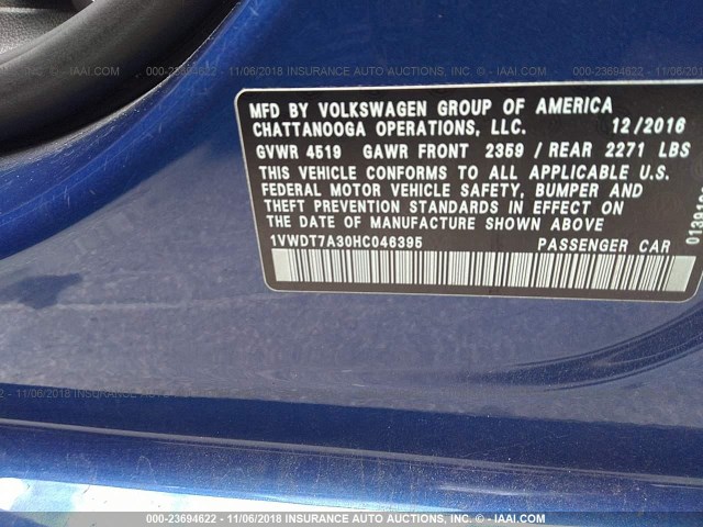 1VWDT7A30HC046395 - 2017 VOLKSWAGEN PASSAT R-LINE Mavi foto 9