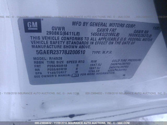 5GAER23778J200610 - 2008 BUICK ENCLAVE CXL WHITE photo 9