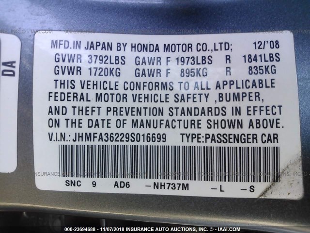 JHMFA36229S016699 - 2009 HONDA CIVIC HYBRID GRAY photo 9