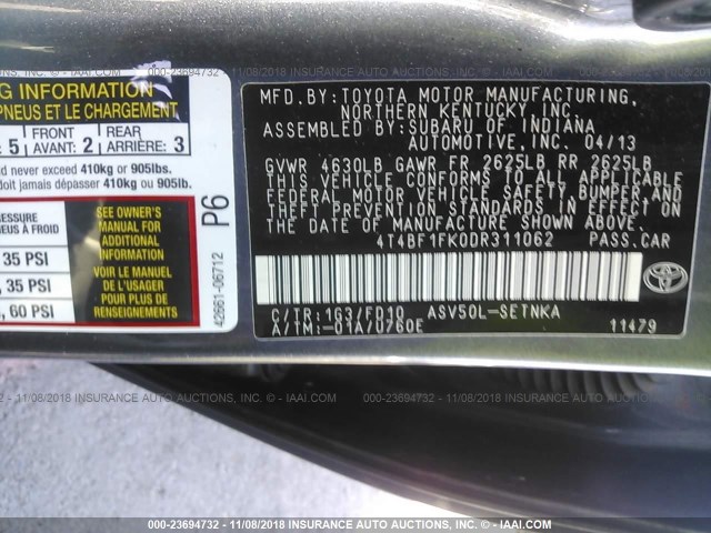 4T4BF1FK0DR311062 - 2013 TOYOTA CAMRY L/SE/LE/XLE GRAY photo 9