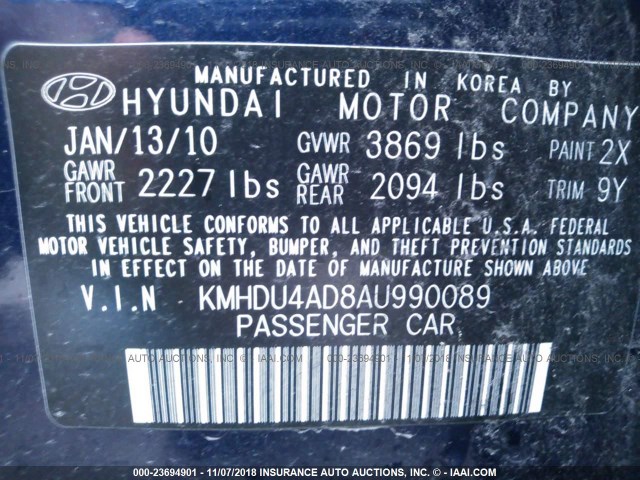 KMHDU4AD8AU990089 - 2010 HYUNDAI ELANTRA BLUE/GLS/SE BLUE photo 9