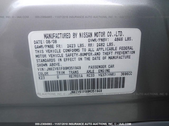 JNKCV61F99M351949 - 2009 INFINITI G37 SILVER photo 9