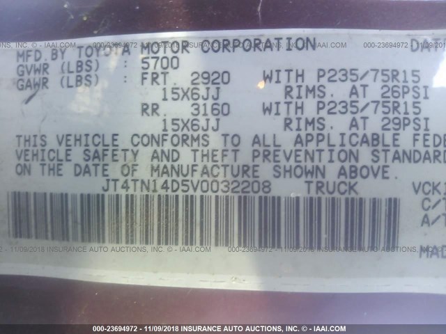 JT4TN14D5V0032208 - 1997 TOYOTA T100 XTRACAB SR5 MAROON photo 9